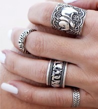 热销外贸饰品复古民族风雕花金属大象戒指夸张个性戒指四件套爆款