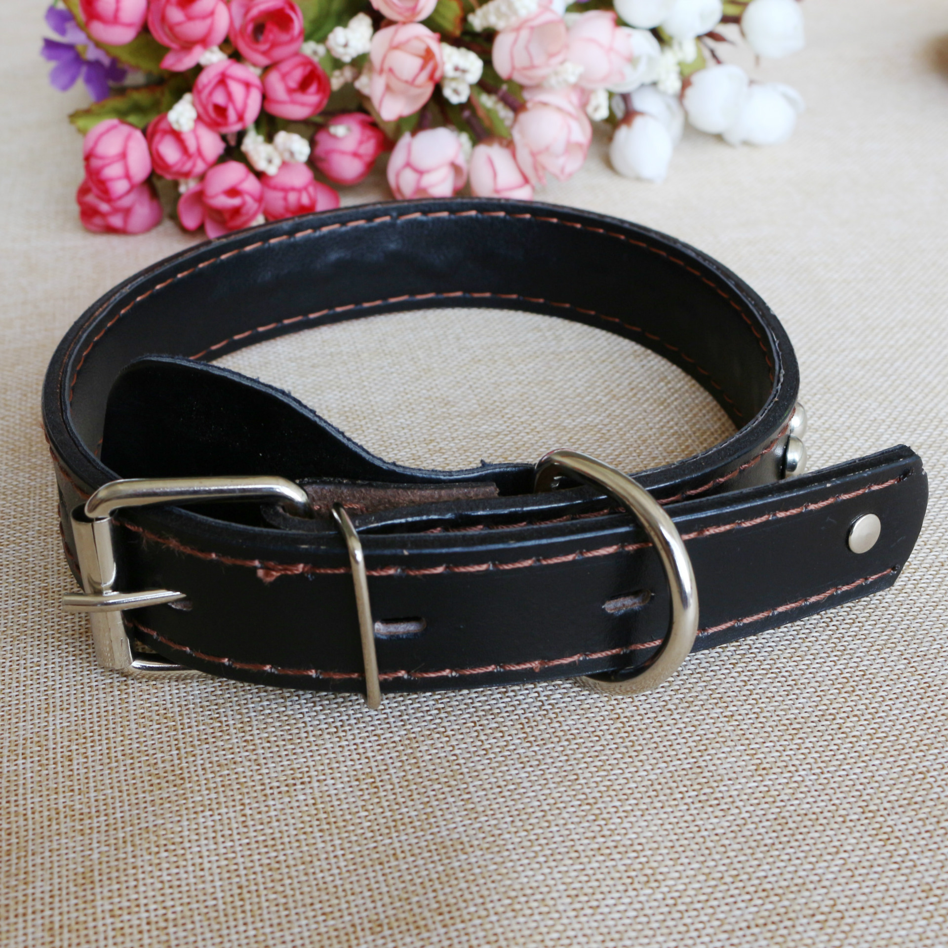 宠物牵引绳加厚双层牛皮时尚铆钉皮带项圈狗狗皮项圈