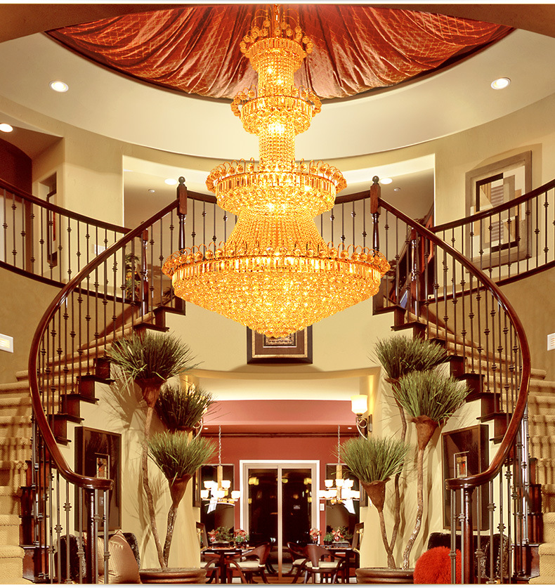 艺华星复式楼吊灯酒店大厅水晶灯 别墅客厅金色水晶大吊灯楼梯灯