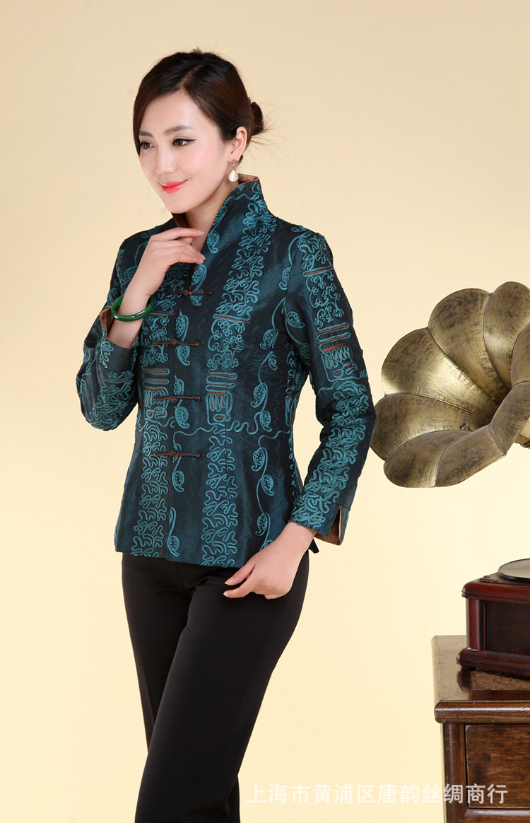 春秋装银灰盘线绣花气质端庄上衣 女士长袖翻领立领唐装外套