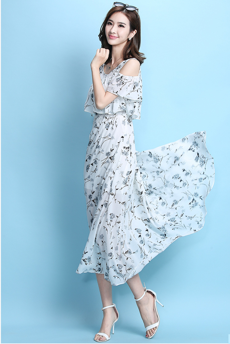 雪纺连衣裙夏季复古印花长裙清新波西米亚中长款露肩碎花沙滩裙子