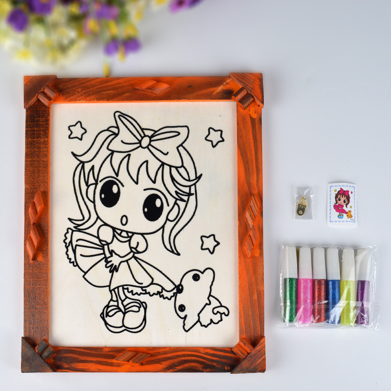 供应 带框木框儿童金粉画 卡通kt板填色涂鸦画 儿童手工制作批发