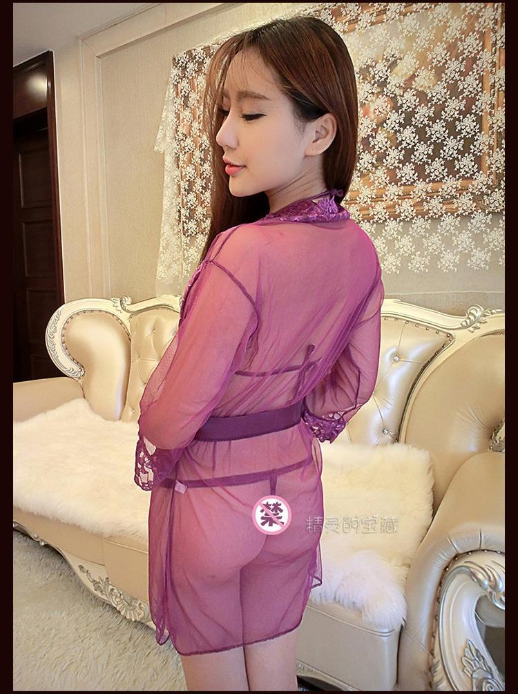 透明性感蕾丝薄纱睡袍 挑逗开档套装女情趣内衣 制服套装 1002