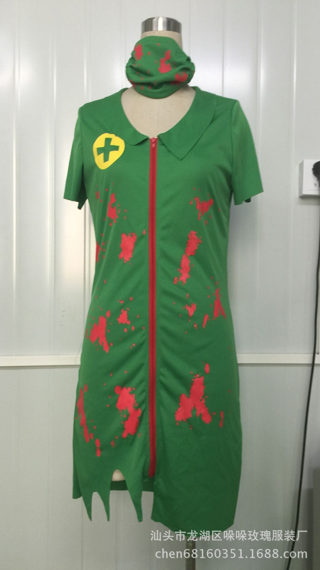 万圣节服装绿色恐怖血迹女护士服 僵尸护士医生舞台表演派对服装