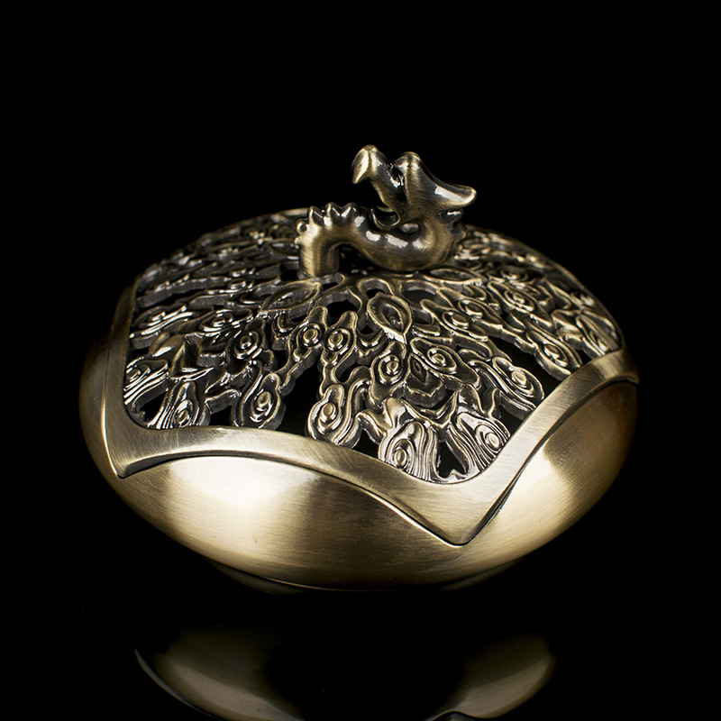 龙头祥云铜香炉盘香炉 4小时仿古红铜青铜环香炉线香礼盒配防火棉