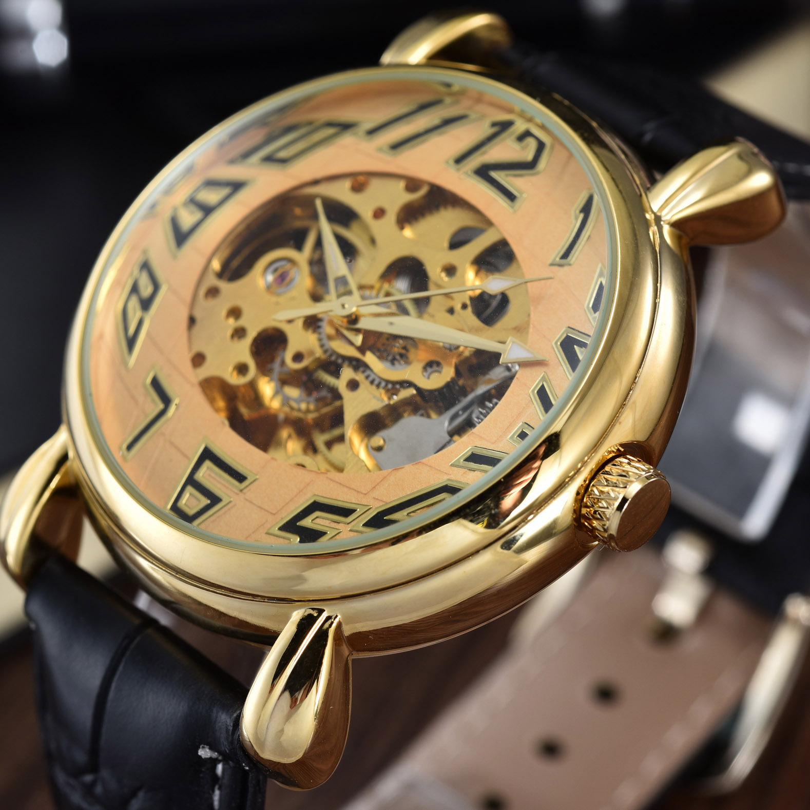 goer高尔 正品超豪华全自动镂空机械表自动机械手表皮带金色