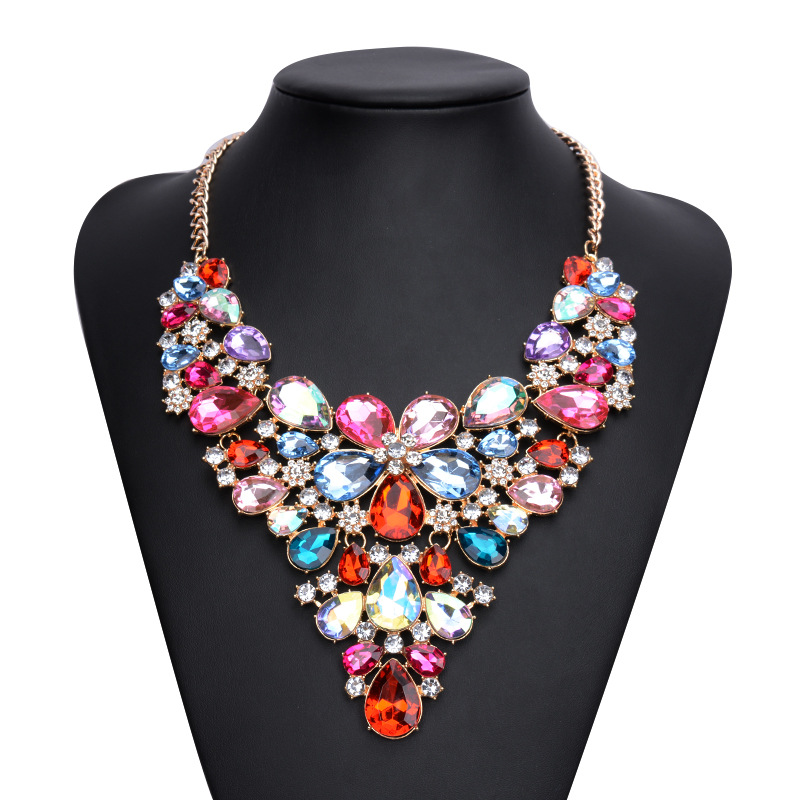 2016春夏新款欧美彩色奢华宝石项链合金