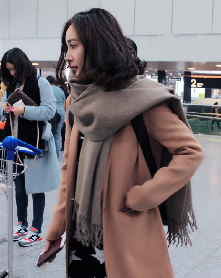 特价16秋冬杨幂同款羊毛流苏纯色加厚版-围巾丝巾披肩