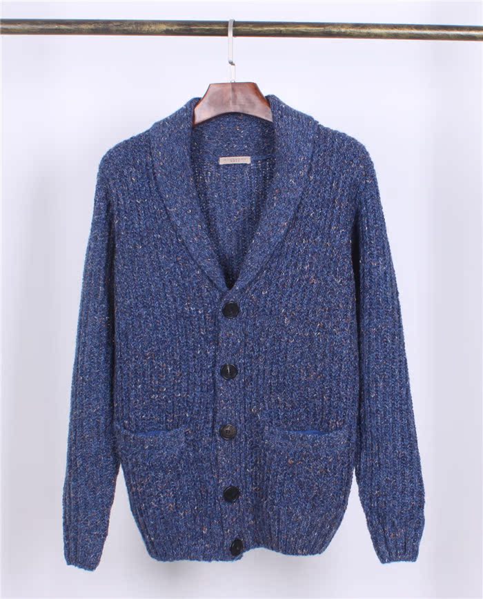 英伦男装青果领长袖开衫羊毛衫针织衫毛衣 天然花色毛