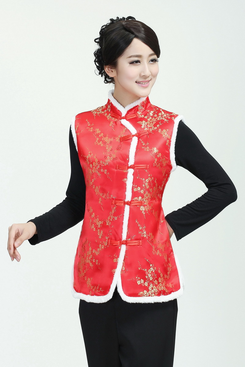 唐装马甲女秋冬工作服女装中式棉背心红色喜庆演出服酒店背心