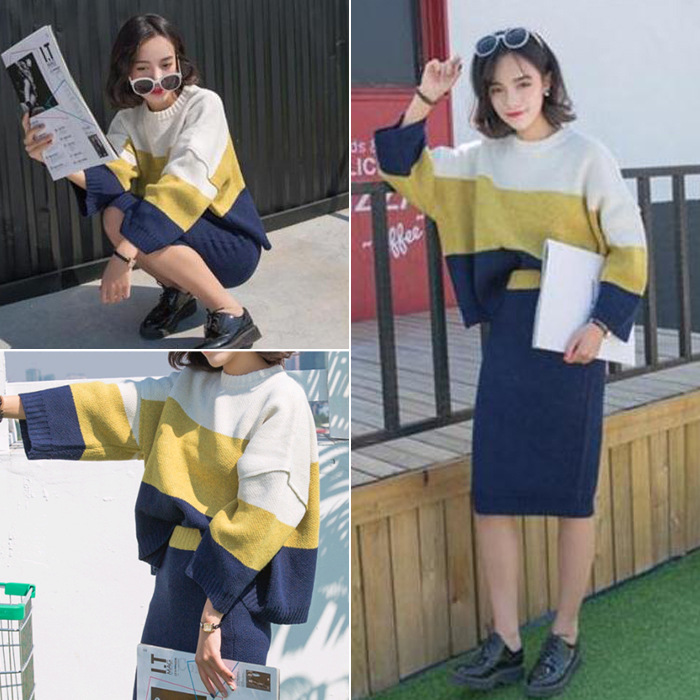 2016冬装新款 宽松显瘦拼色套头毛衣外套 针织半身裙时尚两件套装