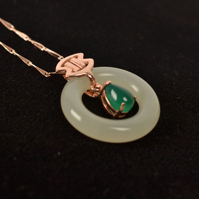 和田玉银镶嵌圆环玫瑰金吊坠韩料白玉镶银平安扣女款项链批发