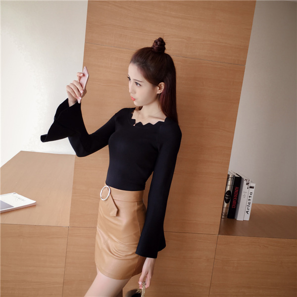 2016秋季新款女装韩版版百搭甜美小清新波浪边喇叭袖针织衫女