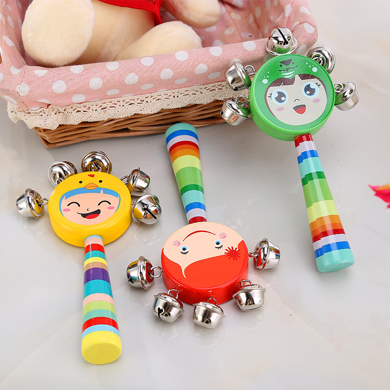 木制卡通笑脸手摇铃宝宝木质七彩串铃床铃儿童音乐早教幼儿园玩具