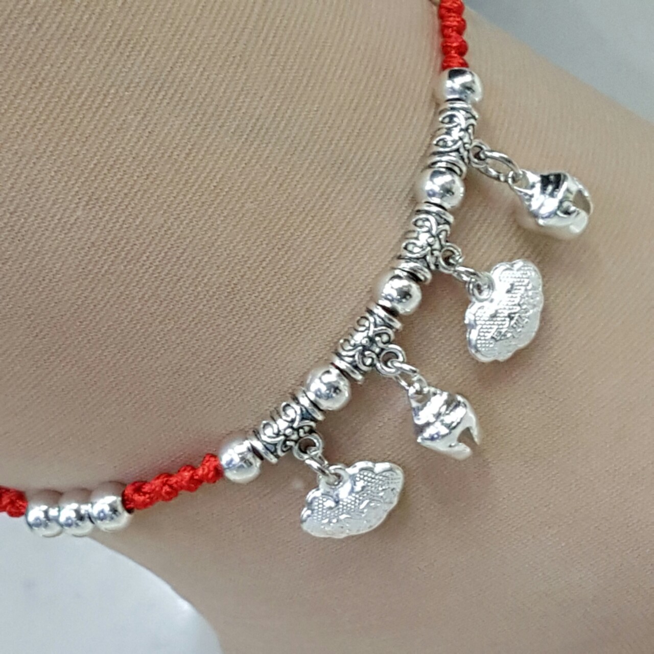 Stall Hot Sale Miao Silver Red Rope Woven Bracelet Miao Silver Anklet Red Rope Woven Alloy Tibetan Silver Bracelet Wholesale