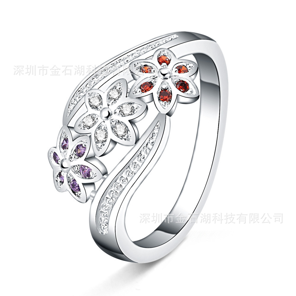外贸热销饰品新款上市 银饰戒指镶锆钻美丽三色花朵指