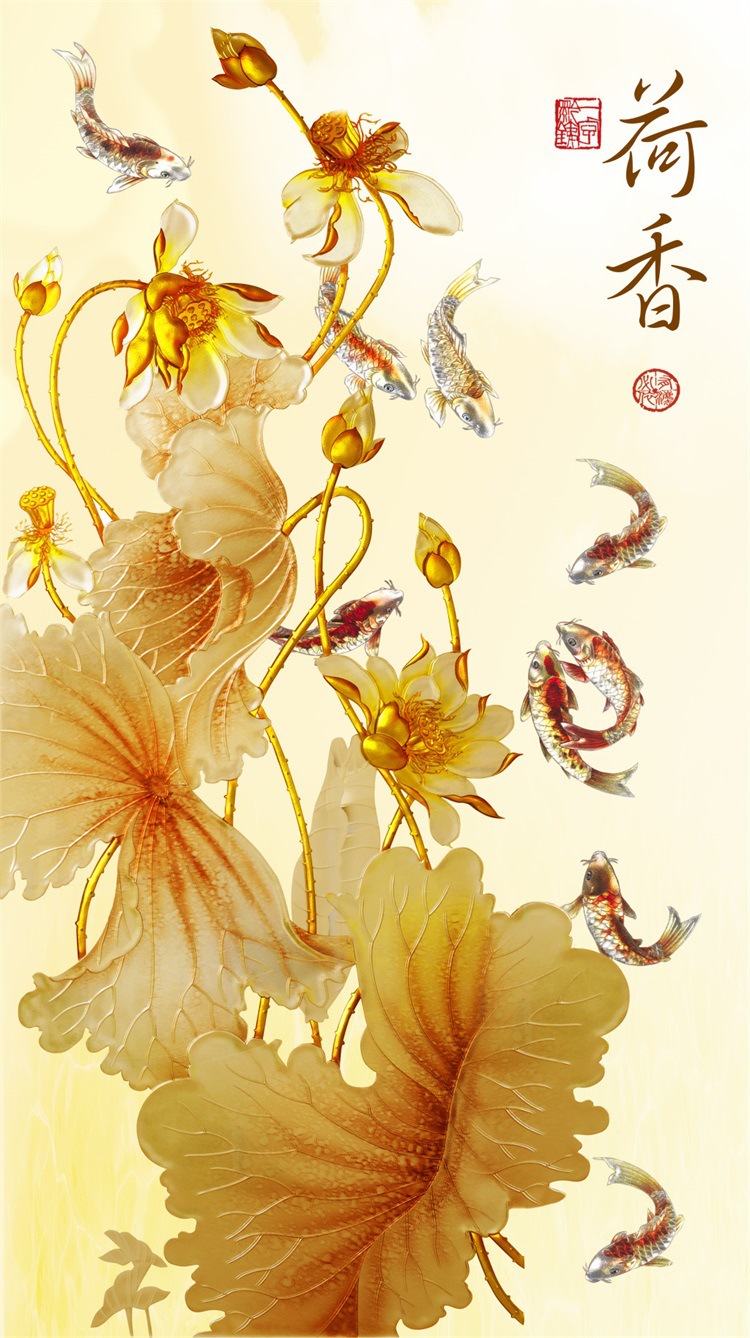电视背景墙荷花九鱼图夹丝材料 家装客厅屏风玄关艺术玻璃丝绸画