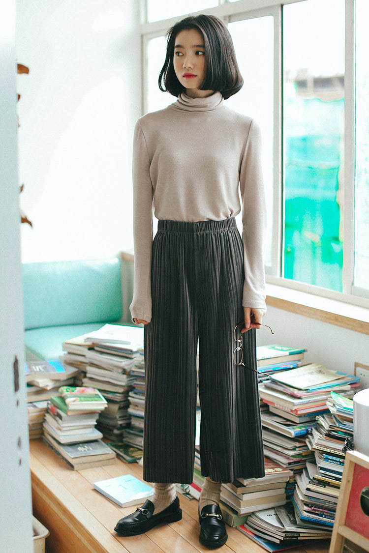 2017韩版春秋高腰百褶阔腿裤文艺范学生百搭九分直筒裤休闲裤子潮