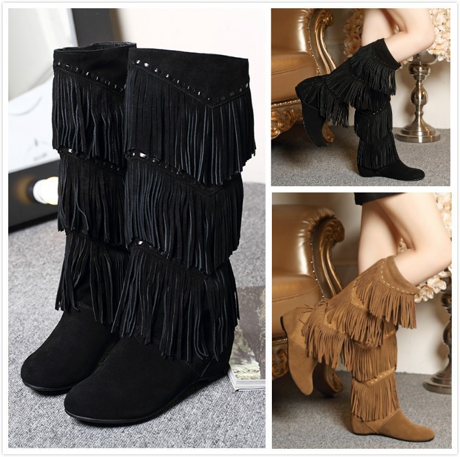 女鞋秋冬新品真皮女靴子内增高中跟高筒靴流苏靴杏色