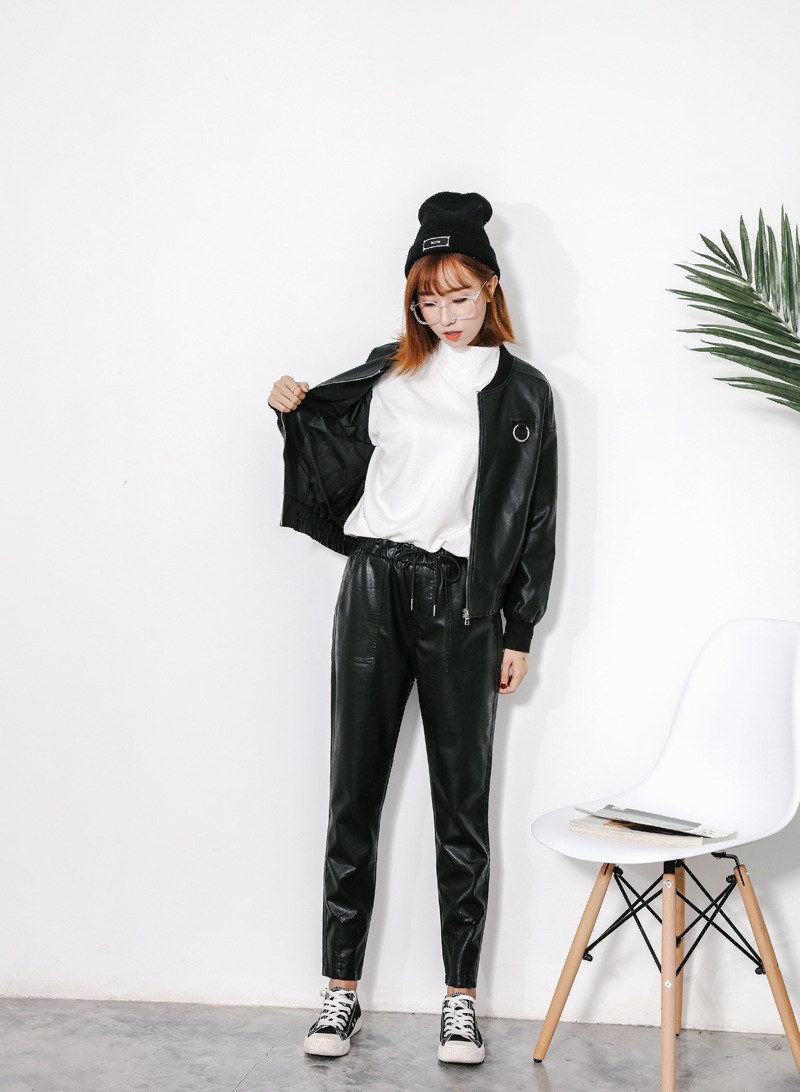 2016秋冬个性短款女式皮衣夹克宽松松紧腰哈伦小脚皮裤韩版两件套