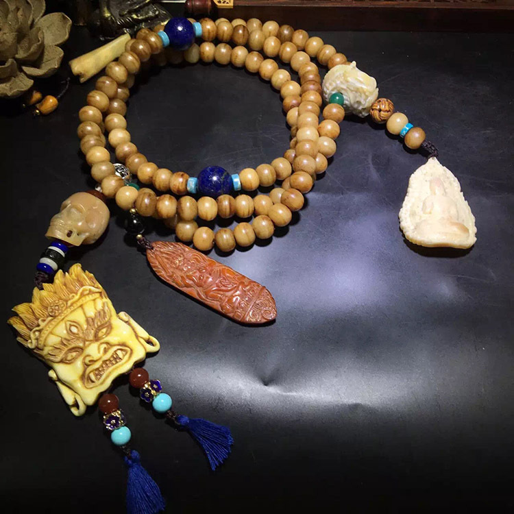 天然老驼骨108佛珠挂链搭配驼骨骷髅头 大日如来吊牌diy批发