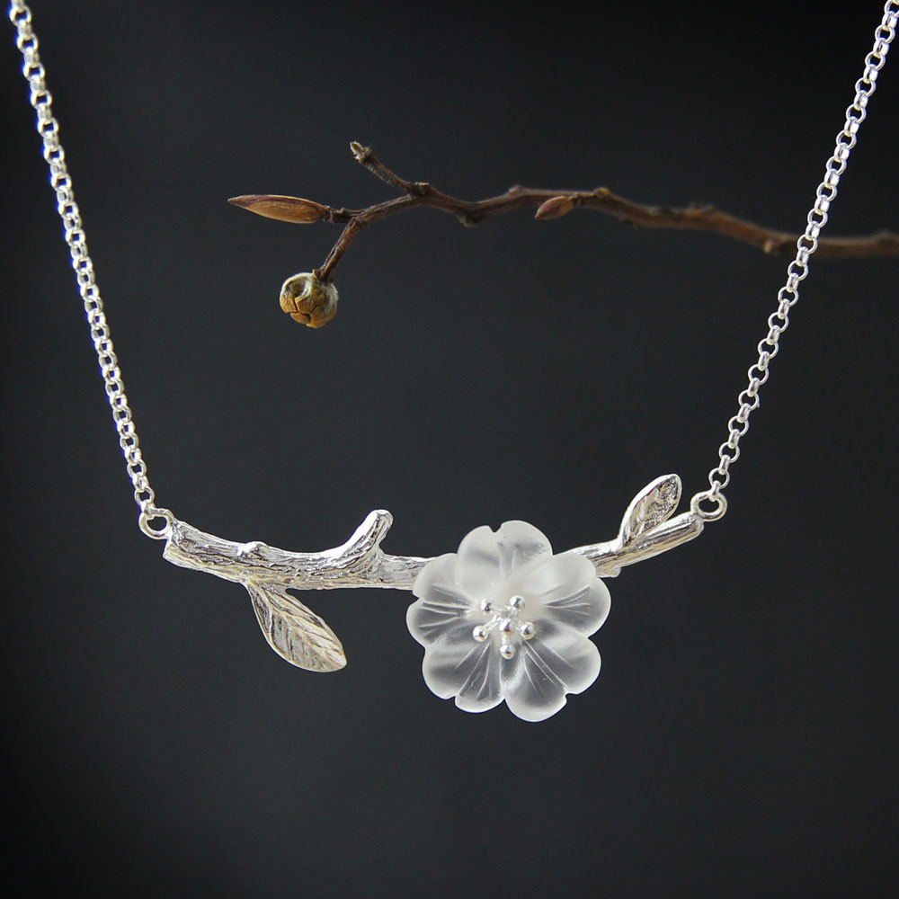 原创|雨中花 纯银水晶手工雕刻花朵项链 唯美 文艺 女款银饰