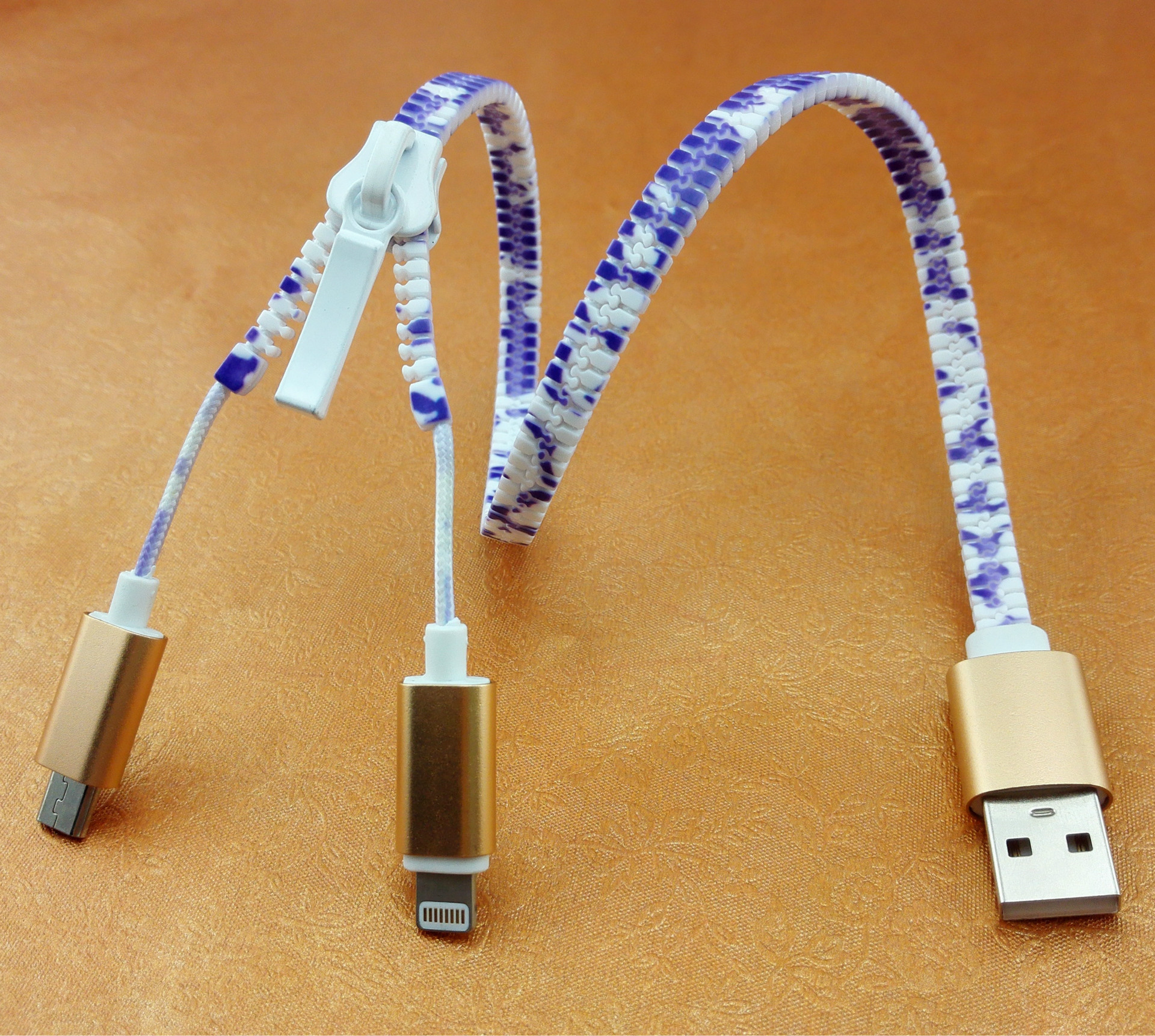 2016年热销中性创意拉链线usb七彩二合一数据线安卓