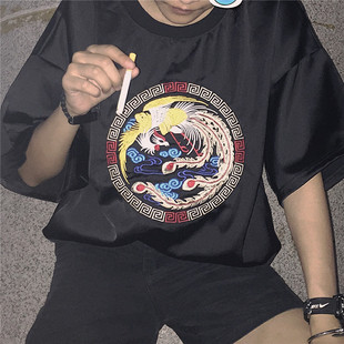 (实拍)凤凰图腾刺绣重工bf古着原宿风宽松大板型半袖 亮面t