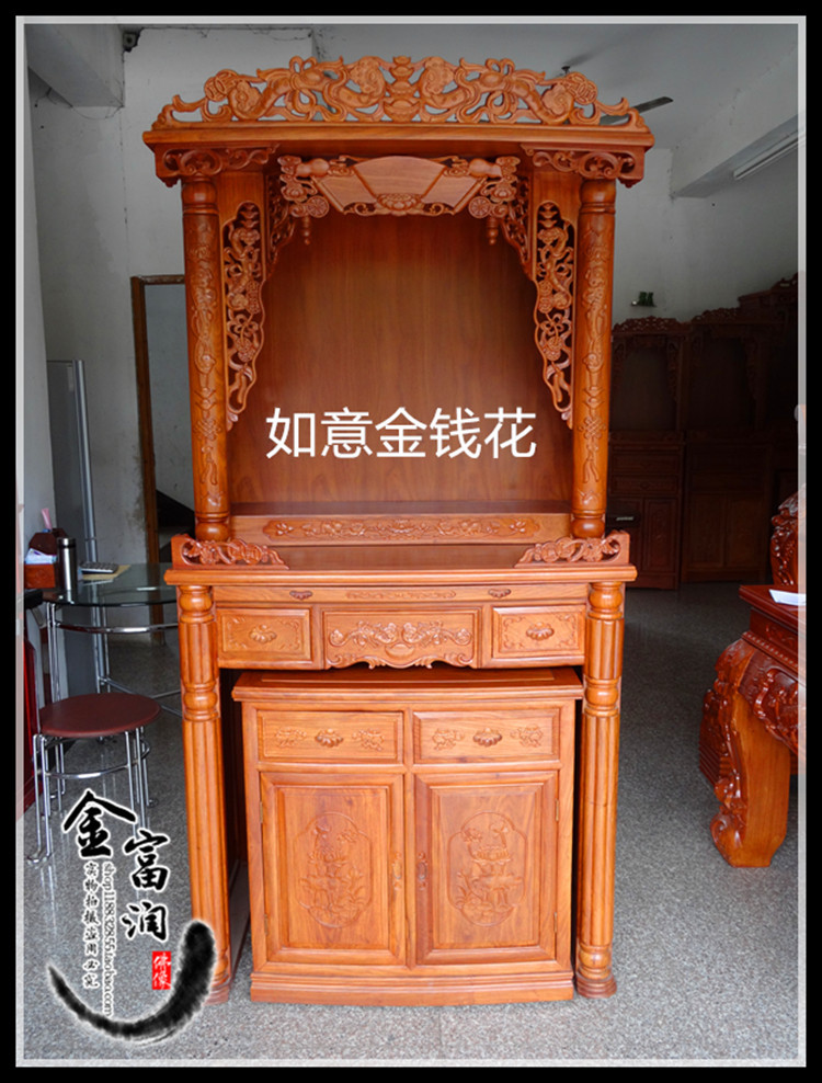 花梨木圆柱双斗四门神坛立柜式佛龛神龛佛笼供台财神位红木神楼