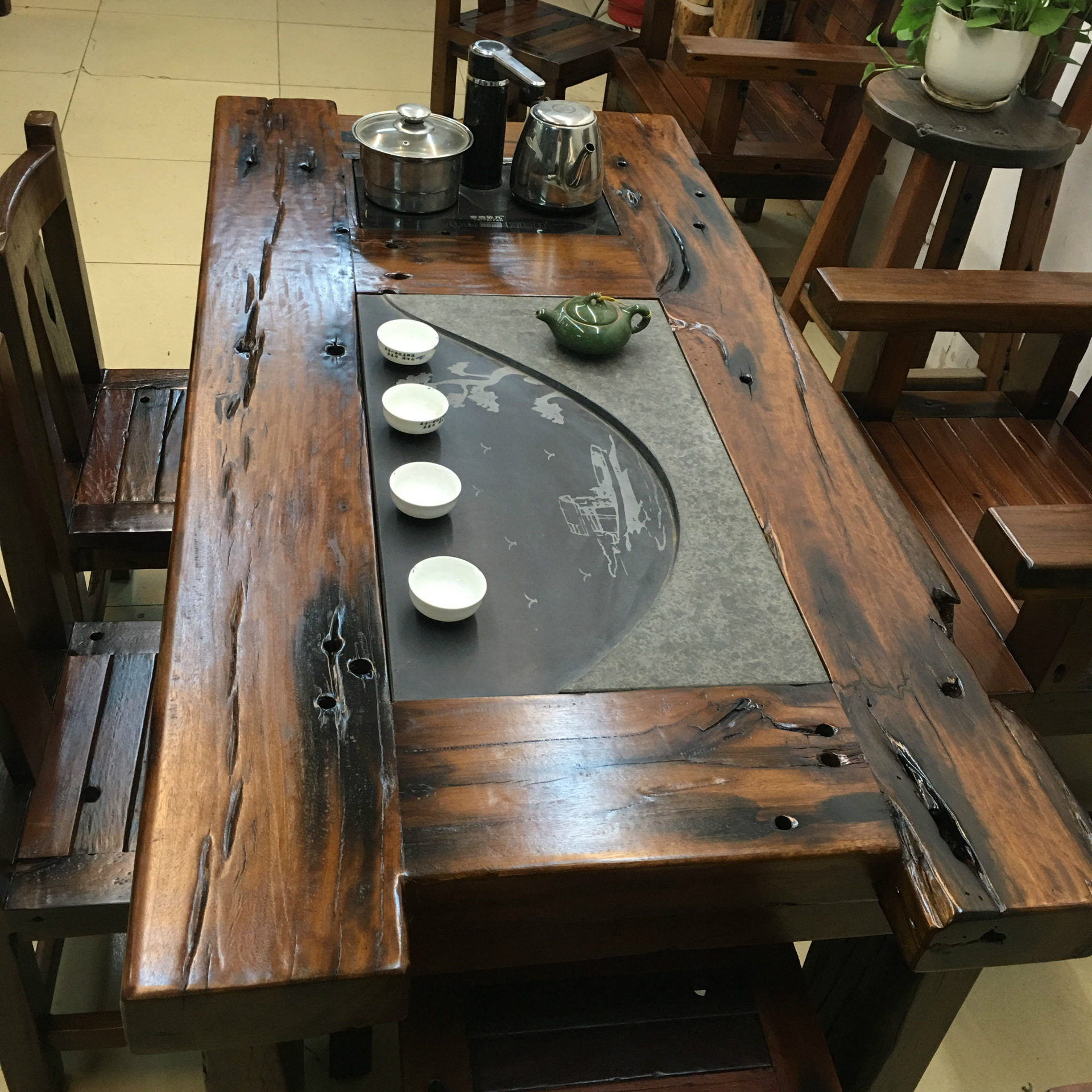 茶几 实木家具 老船木茶台 中式家具 古典茶桌五件套配送电磁炉