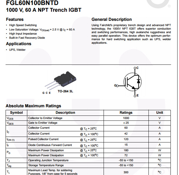 进口正品g60n100bntd三极管igbt管60a/1000v g60n100全新现货