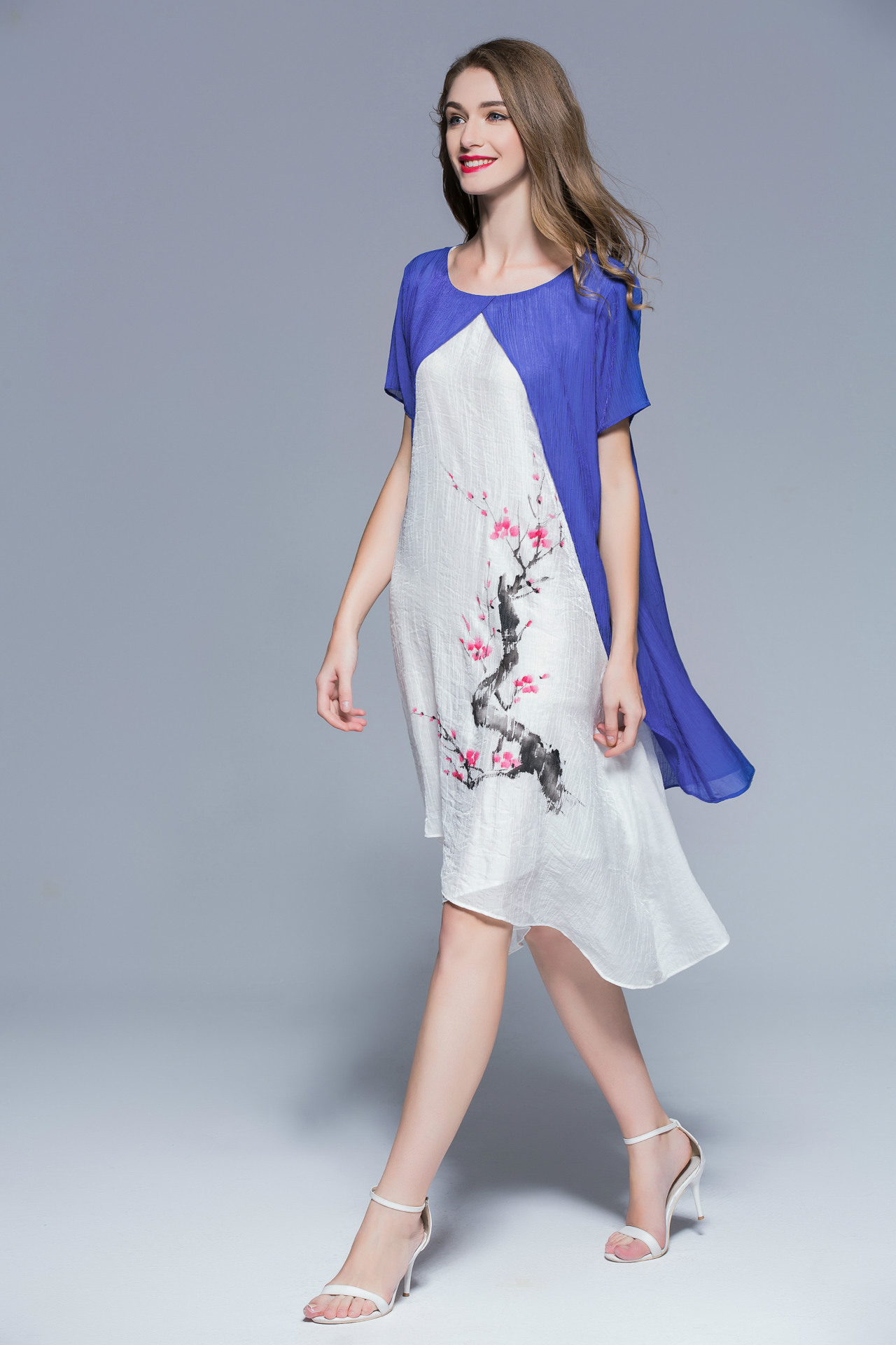 2016新款棉麻假连衣裙 手绘山水文艺大码印花女装假两件套 批发