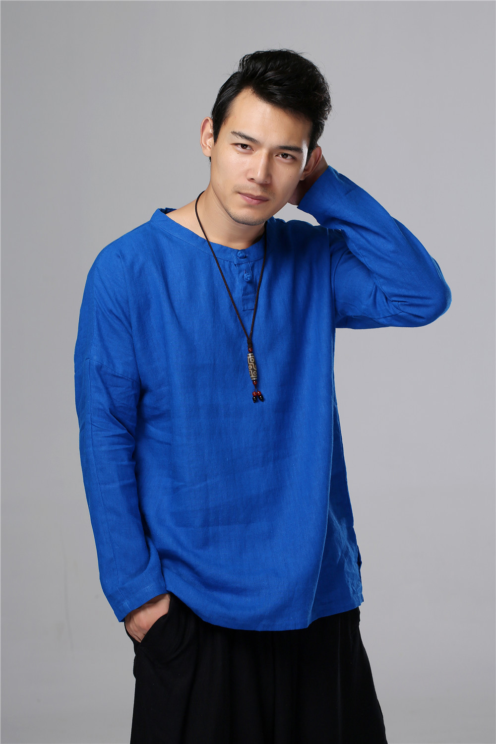 棉麻男装休闲纯色长袖t恤男 秋季民族特色圆领男式上衣一件代发