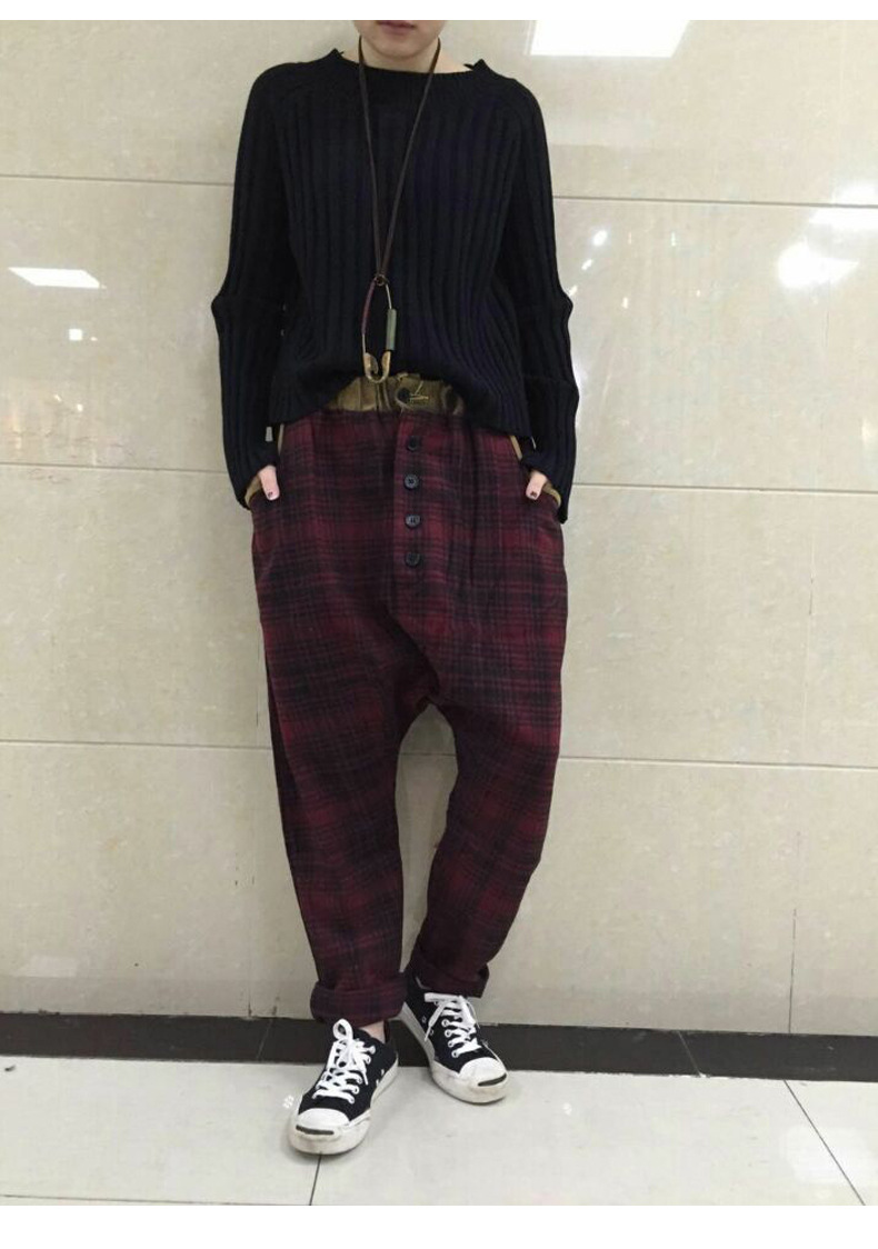 韩版大码格子大裆裤插兜文艺毛呢宽松垮裤女长裤松紧腰休闲裤女