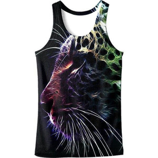 厂家批发出口数码3d幻彩狮子头像印花背心立体t恤男背心0253