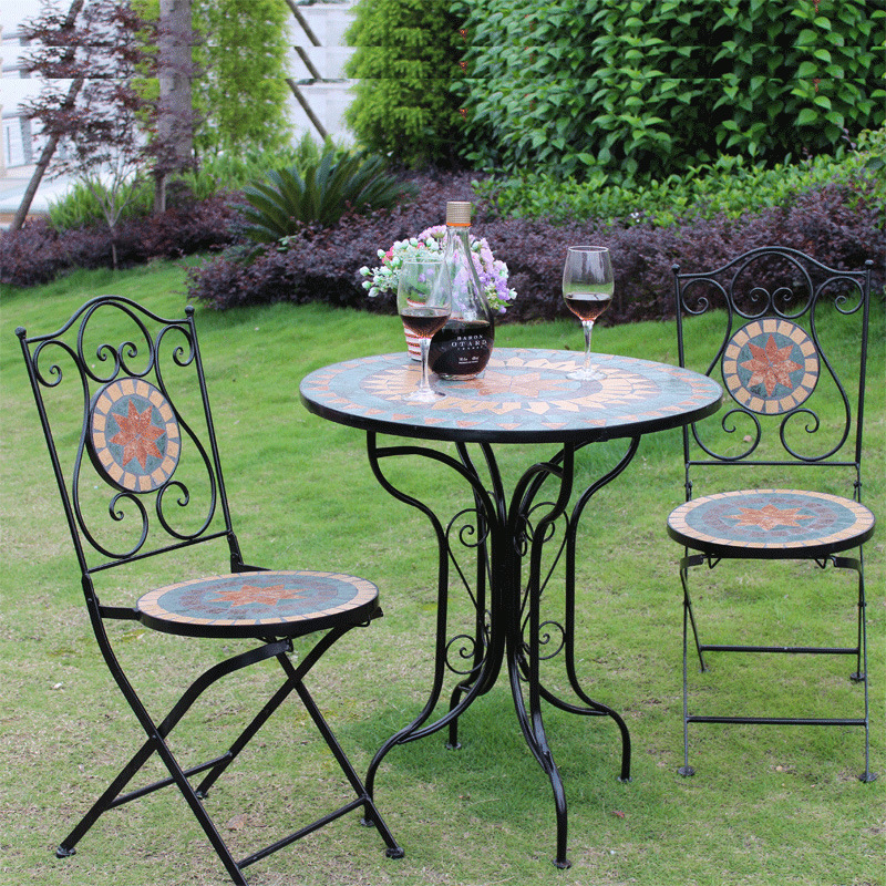 欧式铁艺马赛克餐桌椅子茶几奶茶店咖啡厅桌椅三件套户外铁艺家具