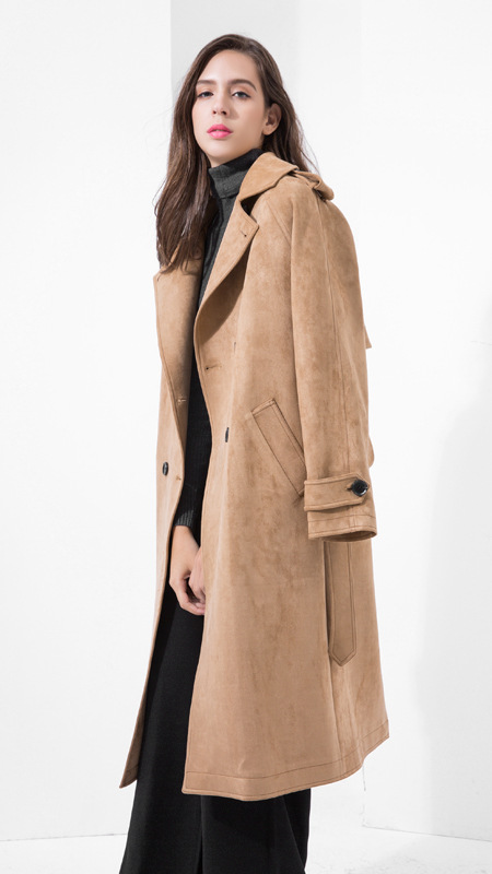 欧美休闲风高端仿麂皮绒风衣女士长款大衣秋冬 女装外套一件代.