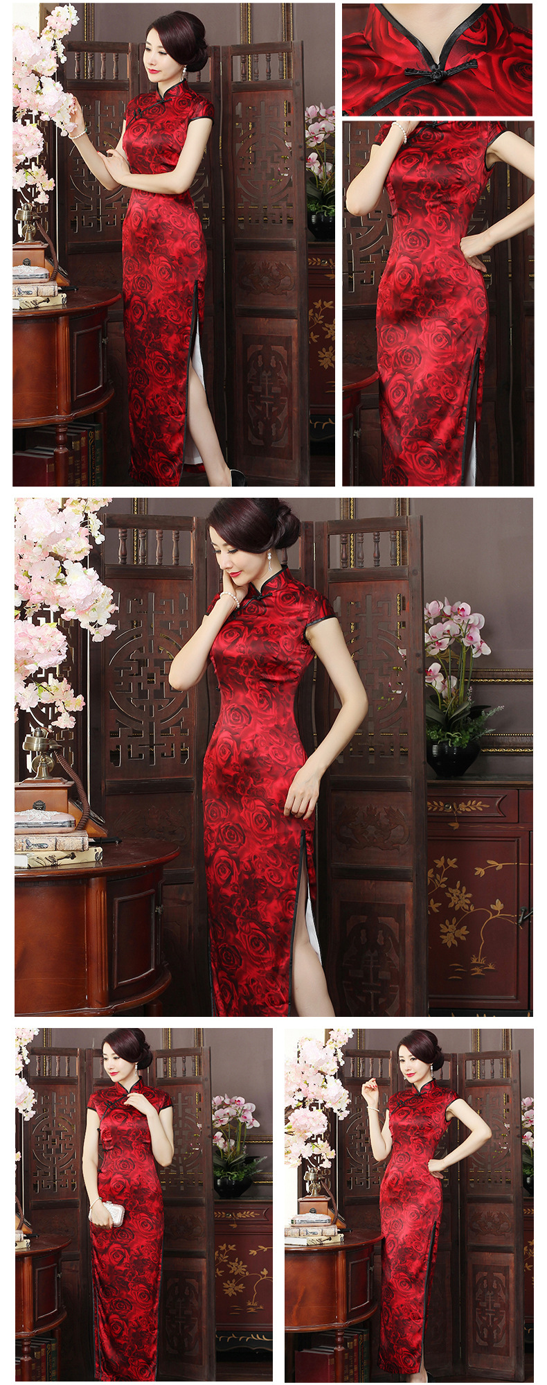 天艳2016新长款秋季红玫真丝旗袍 优雅复古气质桑蚕丝真丝长旗袍