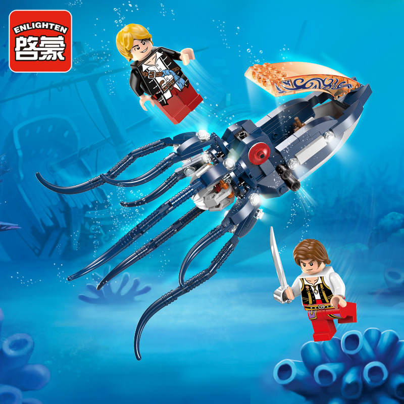 启蒙儿童益智类玩具小颗粒塑料拼装拼插积木海盗系列机械章鱼1305