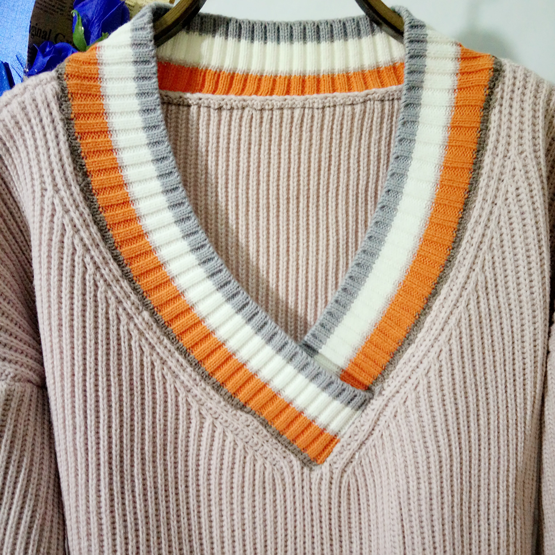 秋冬新款针织衫上衣女韩版宽松v字领毛衣女