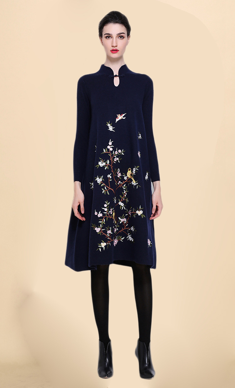 批发2016秋冬新款中国民族风刺绣花大码狐狸绒针织旗袍复古连衣裙
