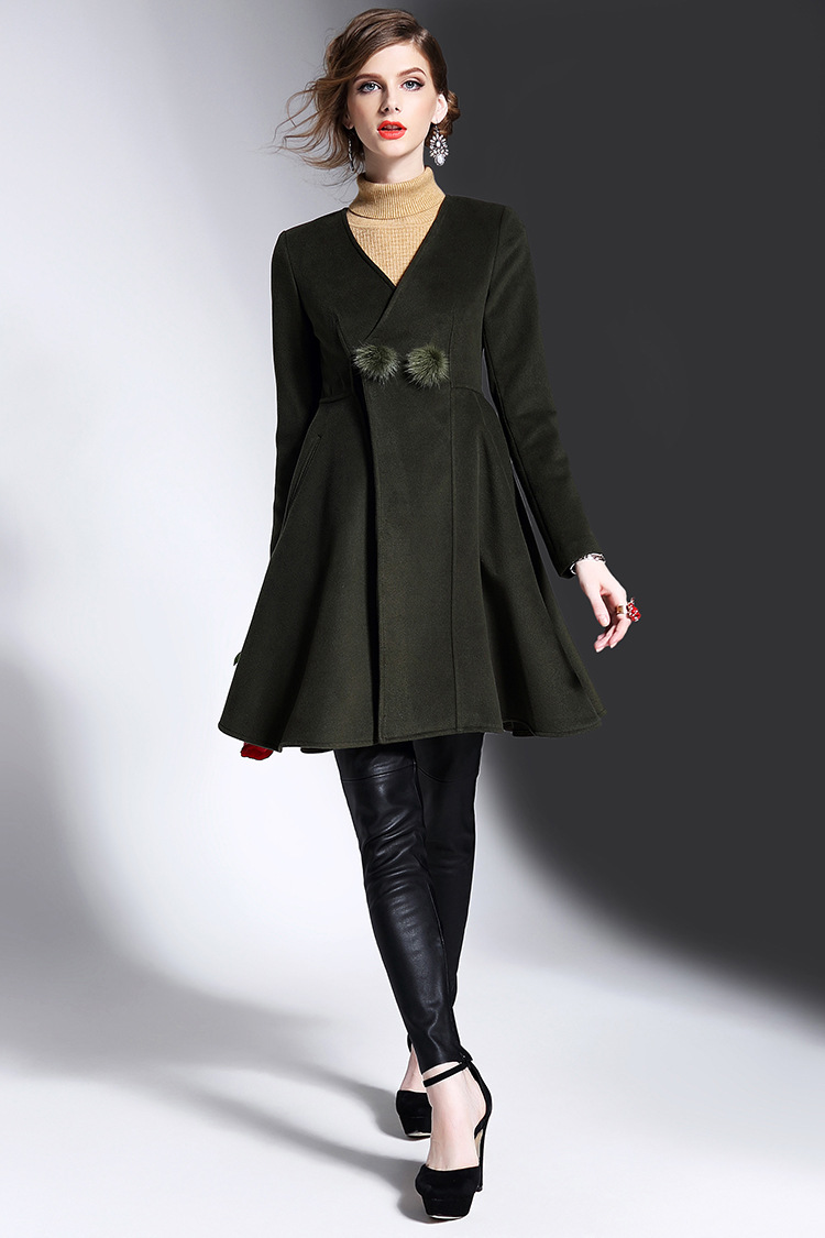 欧洲站女装2016冬季欧美新款v领毛球挂饰长袖中长款高腰显瘦外套