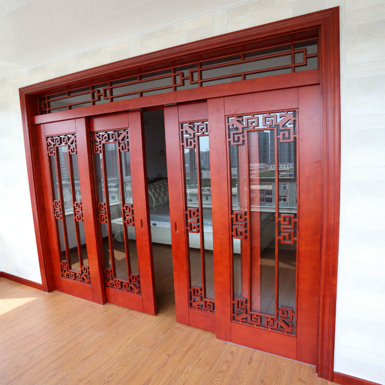 室内阳台四扇推拉实木门  带上亮  中式花格雕刻  厂家直销