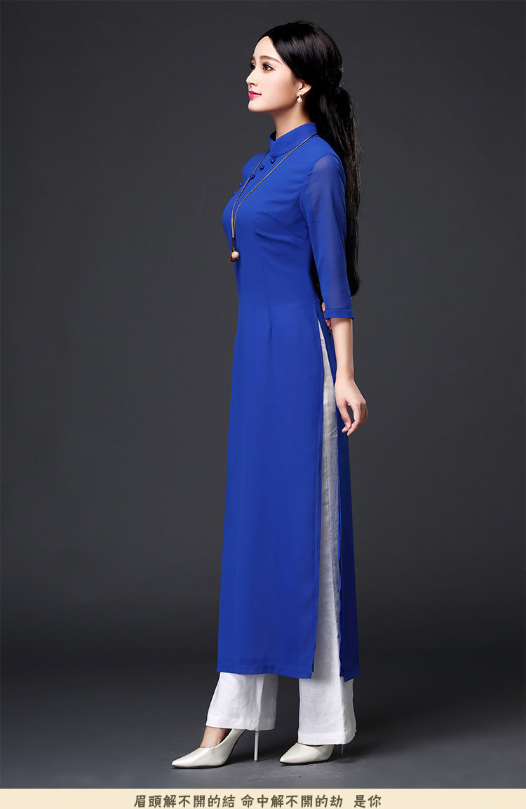 新款奥黛中袖旗袍越南飘逸旗袍连衣裙改良时尚长款立领修身旗袍