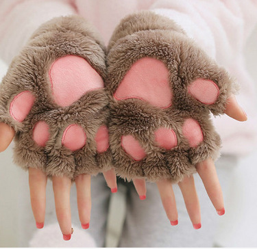 Winter Cute Cartoon Cat Girl Open Finger Cat's Paw Warm Gloves Thickened Fluff Hand-Shaped Brush Half Finger Gloves