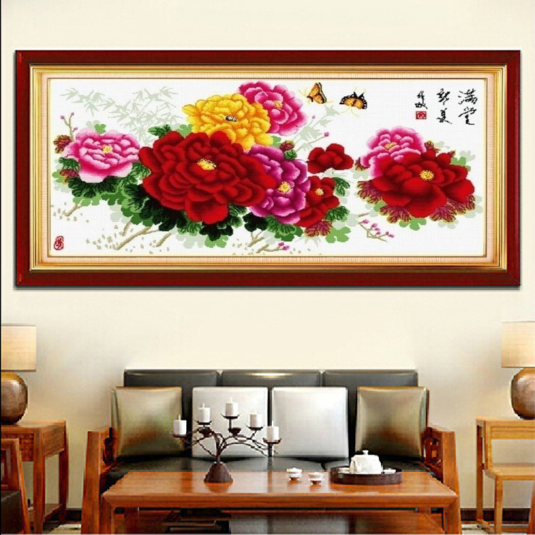 十字绣成品 满堂红 牡丹花卉系列 家居装饰精品 来图加工定.