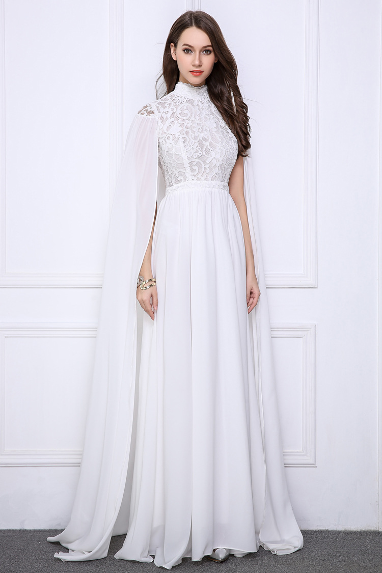 跨境专供ck521新款白色女王披肩小立领女神宴会晚礼服晚装年会女