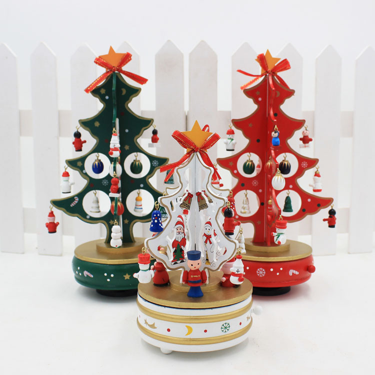 圣诞礼品旋转音乐盒圣诞树高档桌面木质摆件礼物八音盒节日装饰品