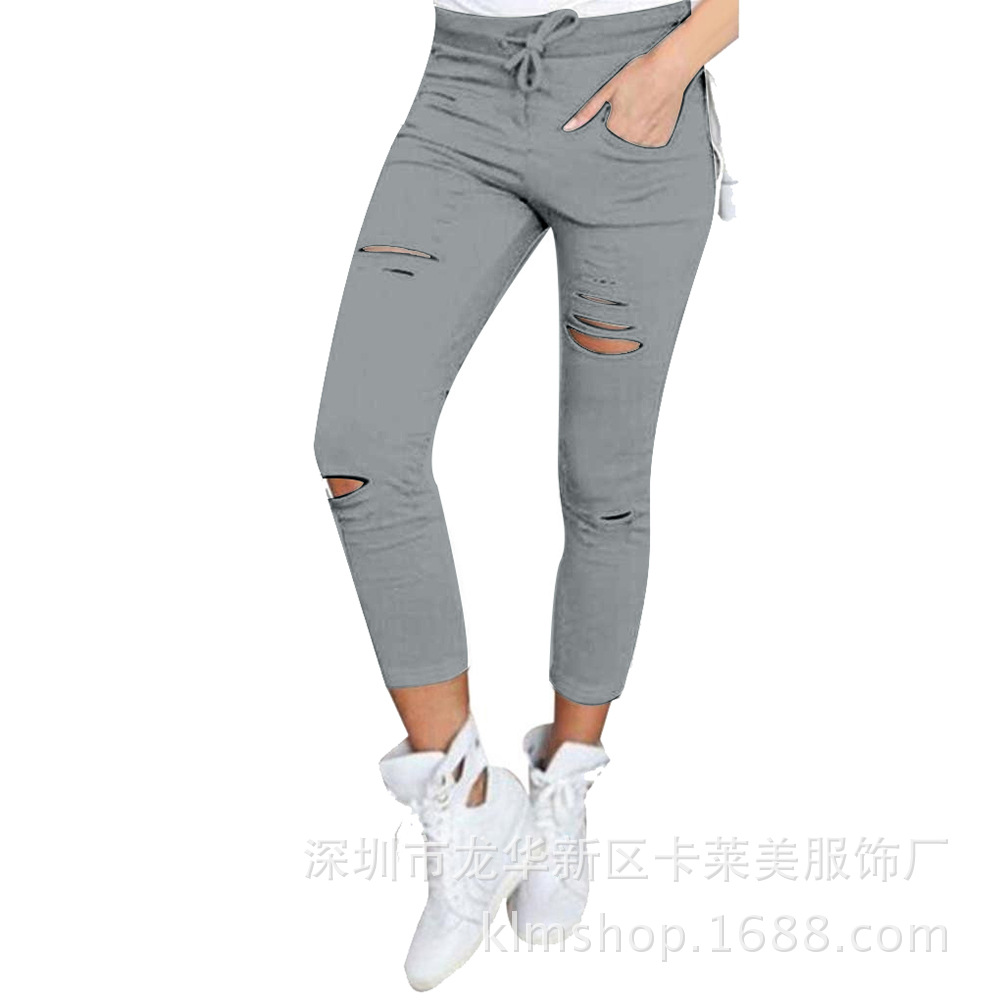 EBay Europe Foreign Trade New Pencil Pants Summer Hot Sale Broken Holes Pants Women's Leggings Factory in Stock