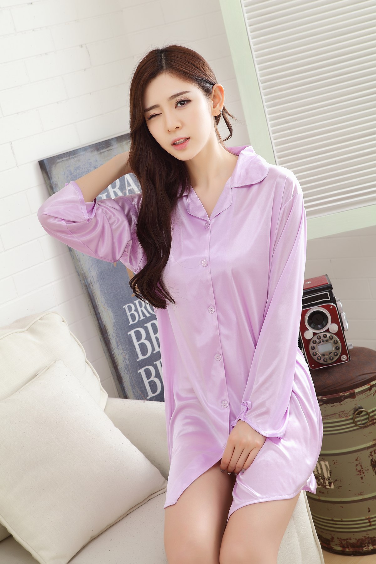 夏季 冰丝长袖睡裙性感微透明女士诱惑衬衫式情趣睡裙睡一件代发